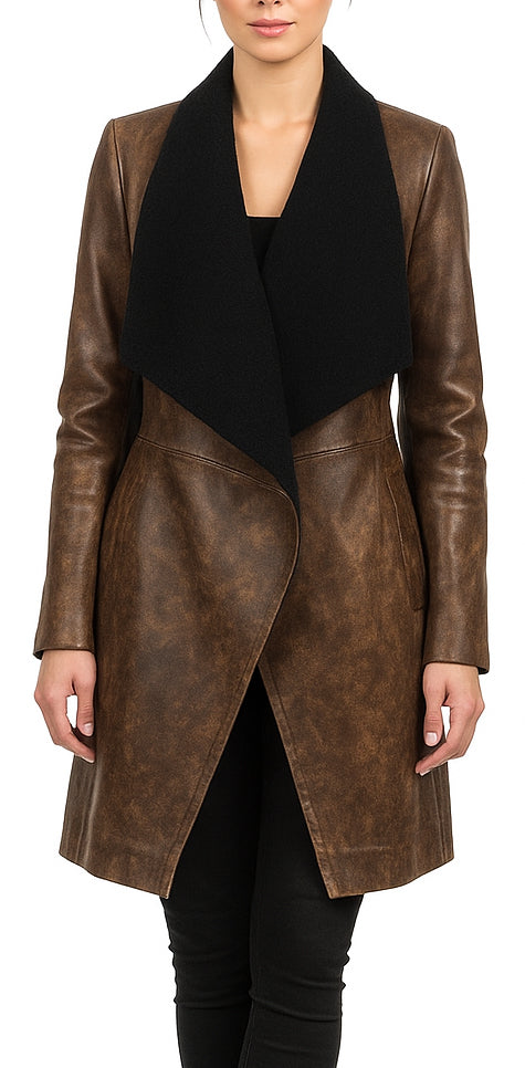 Women Designer Distressed Brown Leather Coat