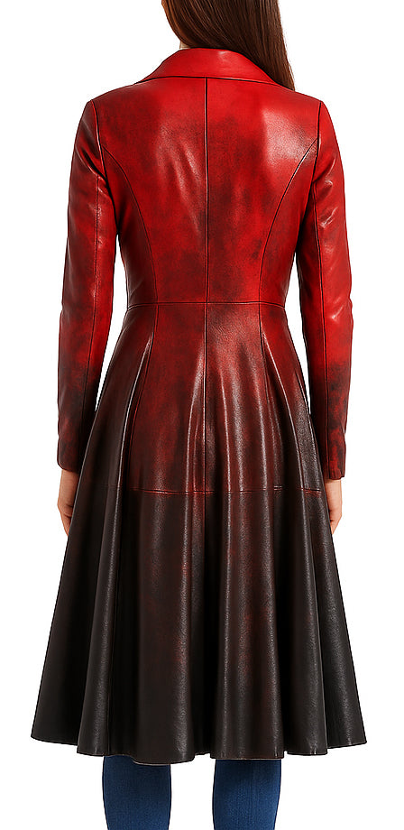 Women Distressed Red Black Premium Leather Coat - Long Belted Flare Style