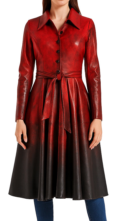 Women Distressed Red Black Premium Leather Coat - Long Belted Flare Style