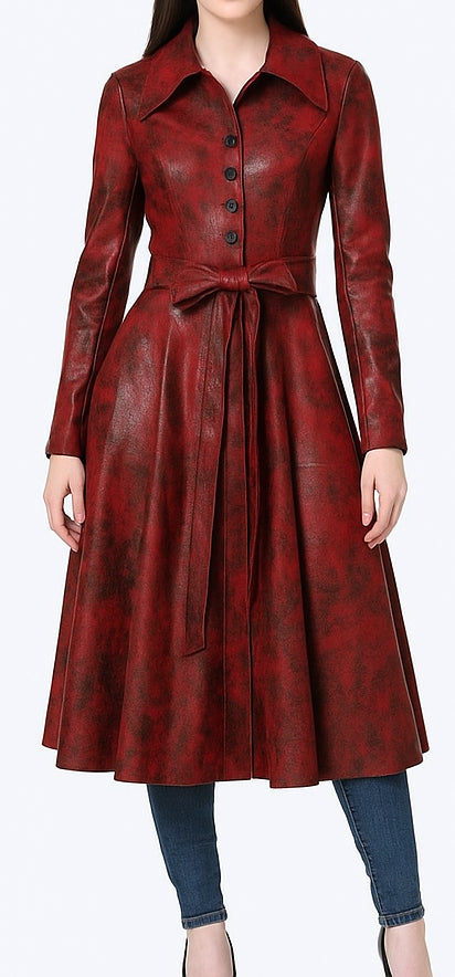 Women Distressed Red Premium Leather Coat