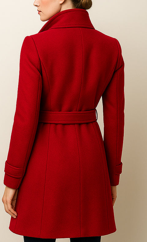 Women’s Red Wool Coat – Elegant Belted Winter Long Coat