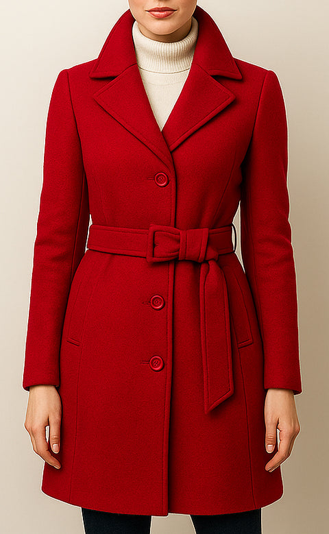 Women’s Red Wool Coat – Elegant Belted Winter Long Coat