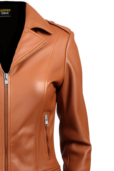 Women's Tan Biker Leather Jacket - Leatheroxide