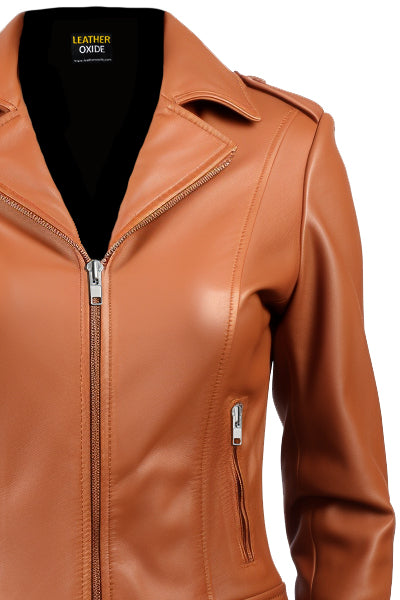 Women's Tan Biker Leather Jacket - Leatheroxide