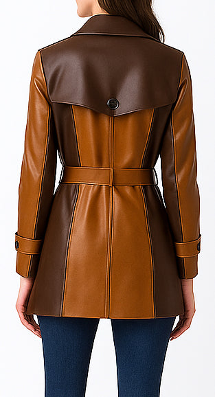 Women Tan Brown Stylish Leather Coat – Premium Belted Double-Tone Design