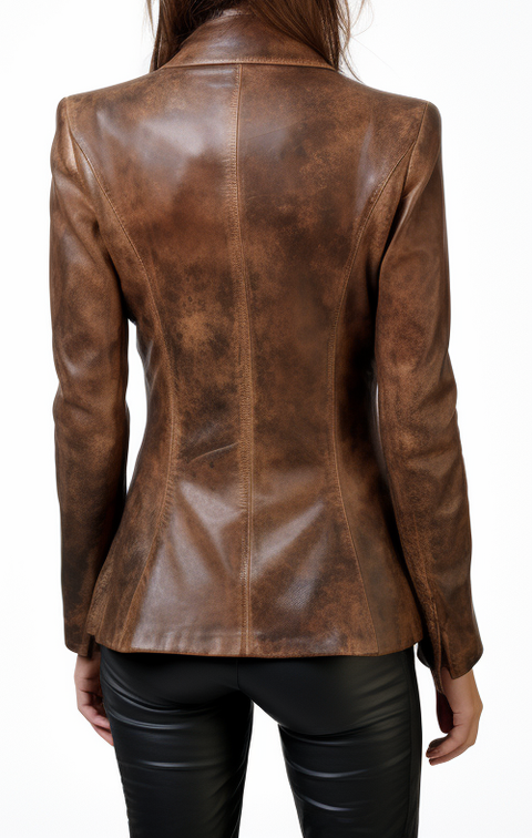Women Two Button Distressed Brown Leather Blazer