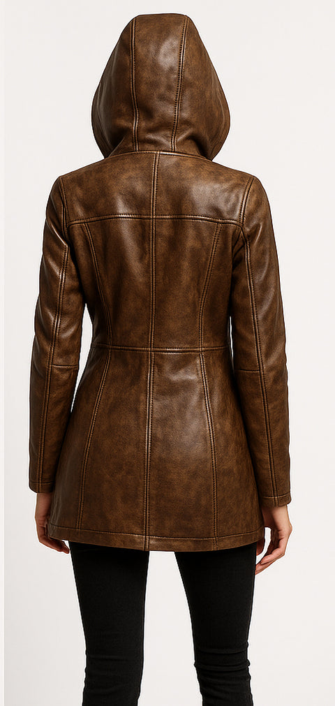 Women Brown Hooded Leather Distressed Coat