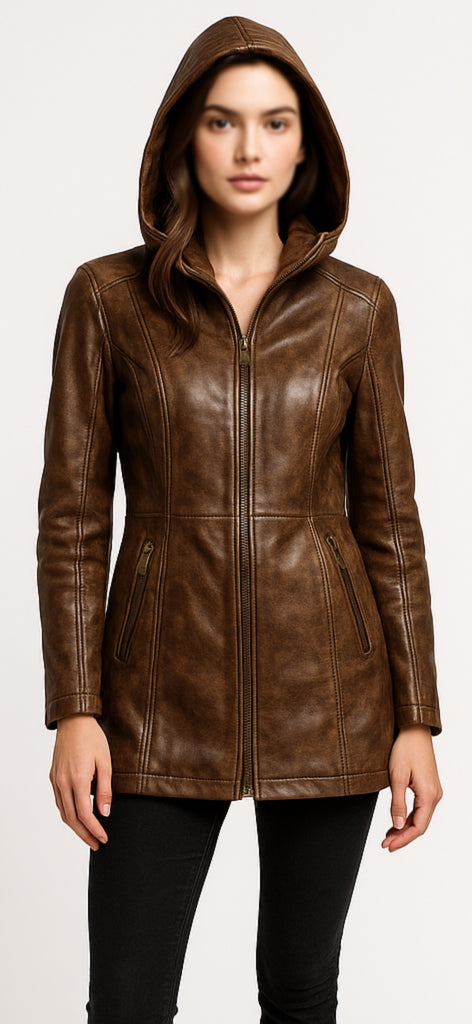 Women Brown Hooded Leather Distressed Coat
