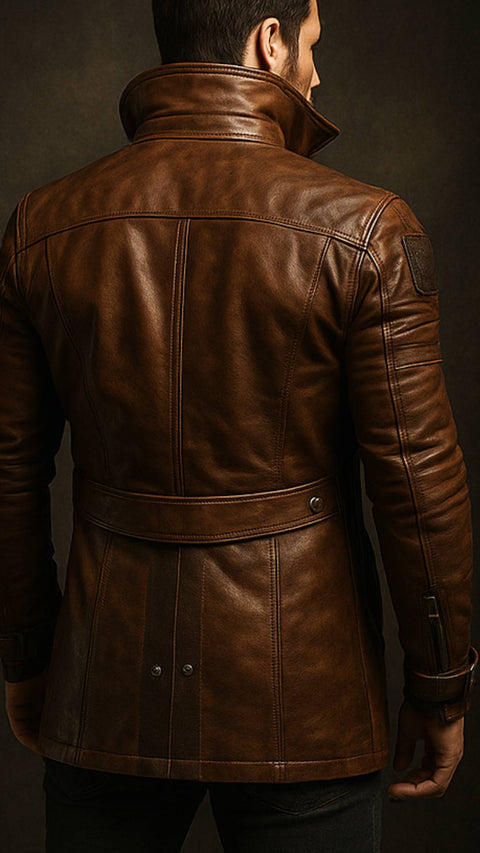 Yahya Leather Brown Long Coat - Men Long Coat Brown