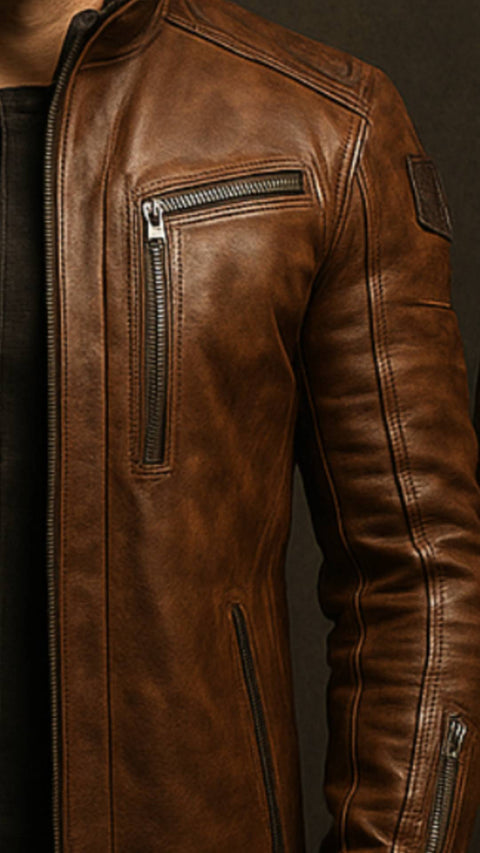 Yahya Leather Brown Long Coat - Men Long Coat Brown