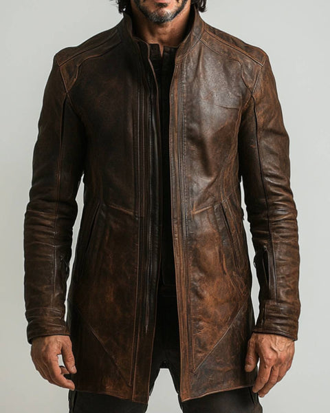 Zachary Leather Brown Long Coat - Men Long Coat Brown