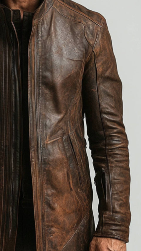Zachary Leather Brown Long Coat - Men Long Coat Brown