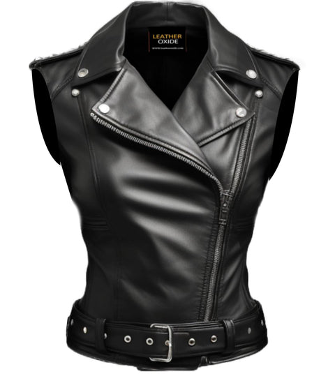 Women Black Stylish Biker Style Leather Vest