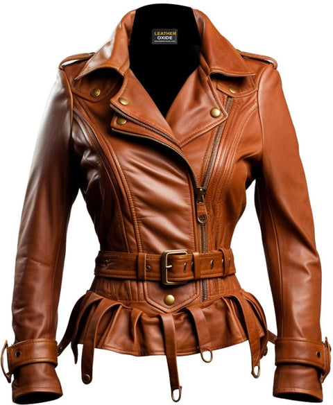 Women Assymetrical Brown Leather Jacket - Leatheroxide