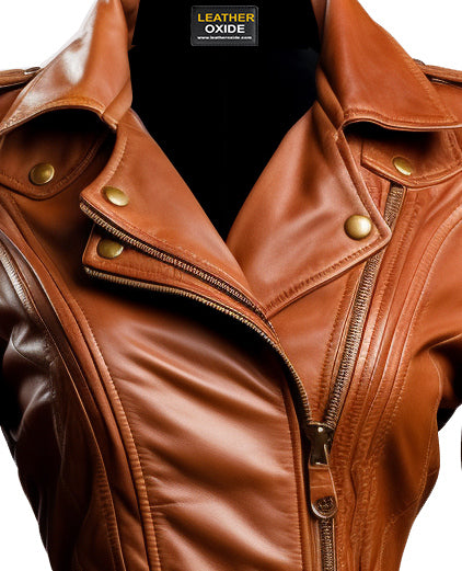 Women Assymetrical Brown Leather Jacket - Leatheroxide