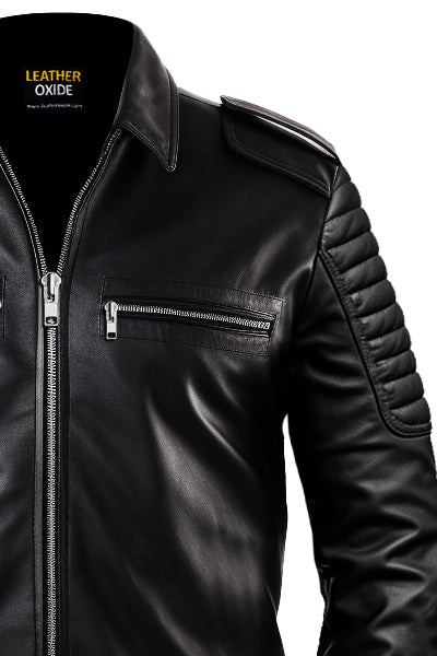 Men Slim-fit Rider Black Leather Flap Pocket Jacket - Leatheroxide