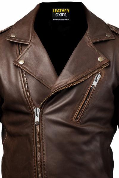 Men Slimfit Rider Brown Leather Jacket - Leatheroxide