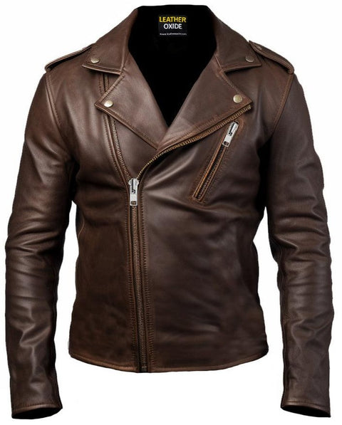 Men Slimfit Rider Brown Leather Jacket - Leatheroxide