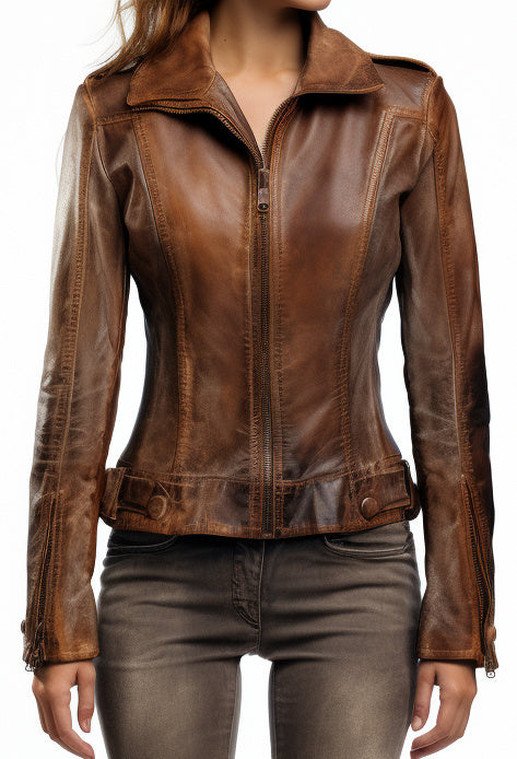 Women Distressed Biker Leather Jacket