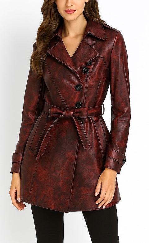 Women Luxury Designer Black Red Distressed Leather Coat