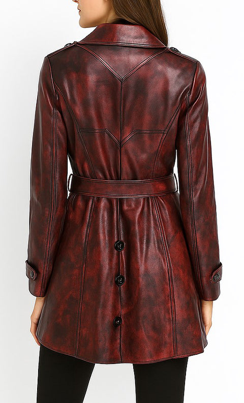Women Luxury Designer Black Red Distressed Leather Coat