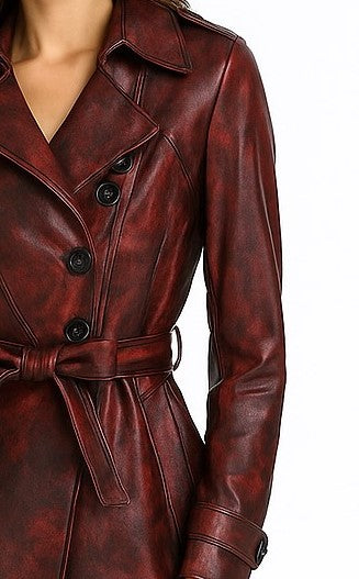 Women Luxury Designer Black Red Distressed Leather Coat