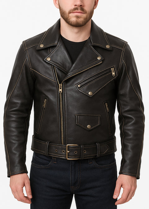 Men Dark Brown Vintage Biker Leather Jacket