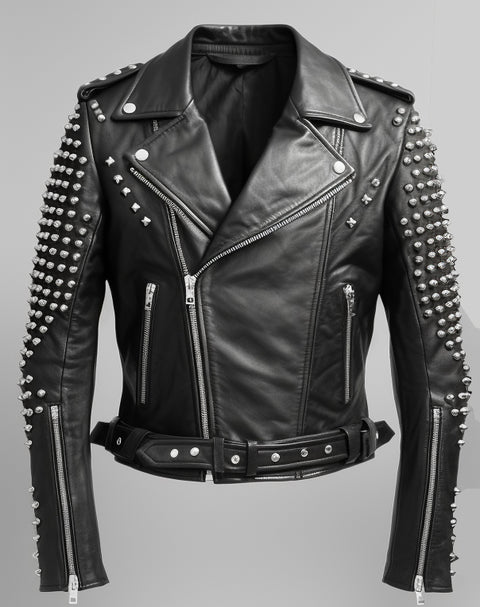 Men Black Leather Jacket - Black Biker Studded Jacket - Leatheroxide