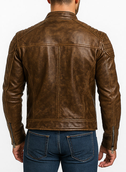Brown Distressed Leather Biker Jacket for Men