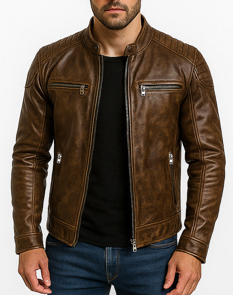 Brown Distressed Leather Biker Jacket for Men