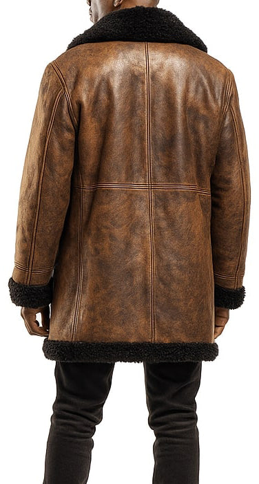 Men’s Brown Distressed Aviator Style Shearling Leather Coat