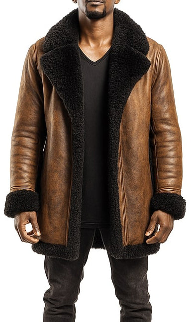 Men’s Brown Distressed Aviator Style Shearling Leather Coat