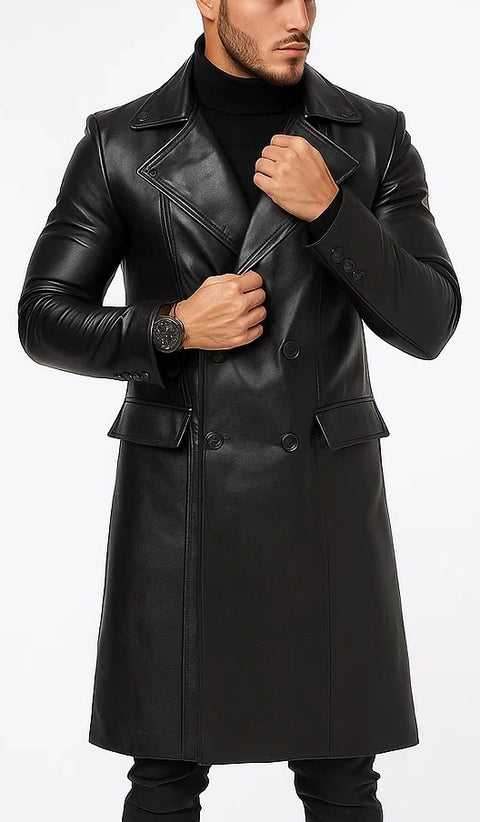 Men's Double-Breasted Black Premium Leather Trench Coat