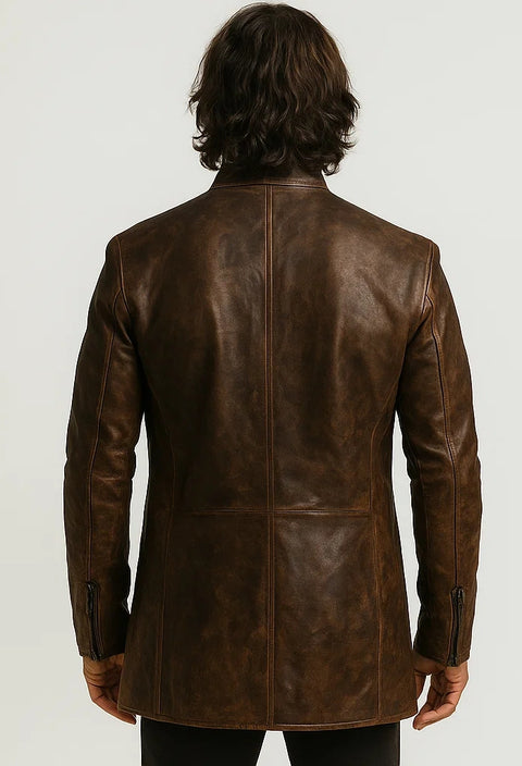 Zachary Leather Brown Long Coat - Men Long Coat Brown