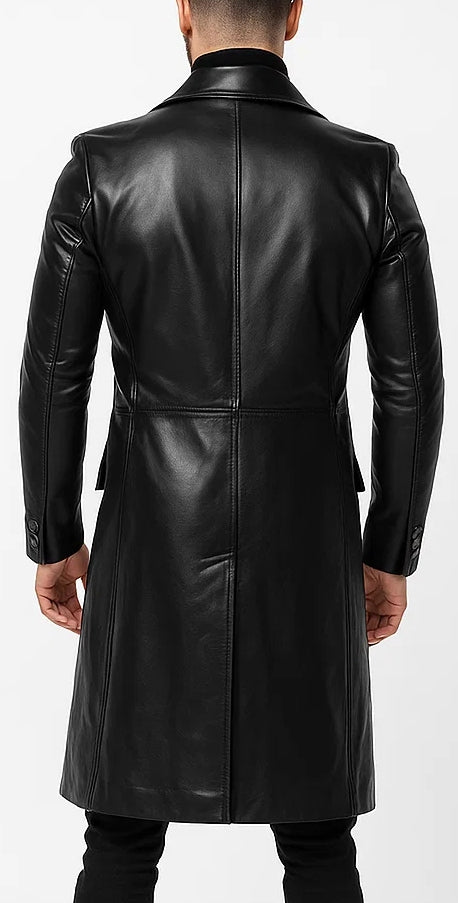 Men's Double-Breasted Black Premium Leather Trench Coat