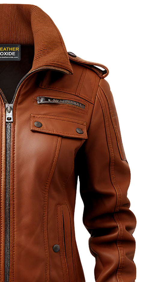 Strap Pocket Leather Jacket Tan Brown - Leatheroxide