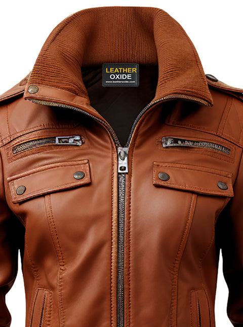Strap Pocket Leather Jacket Tan Brown - Leatheroxide