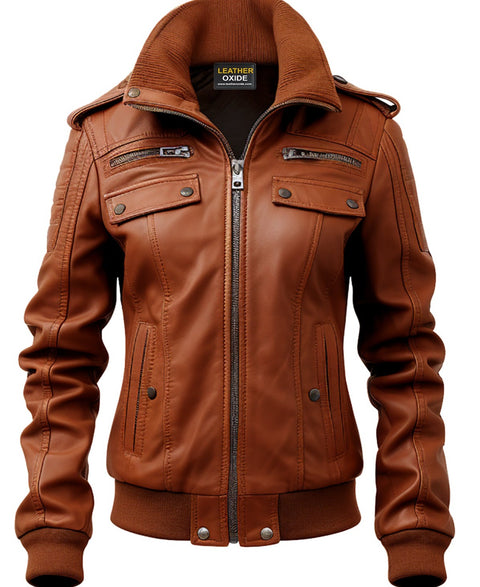 Strap Pocket Leather Jacket Tan Brown - Leatheroxide