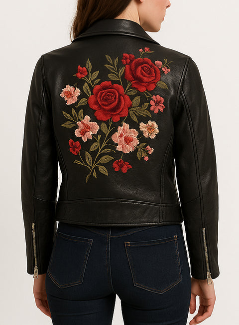 Women Embroidered Floral Black Biker Leather Jacket