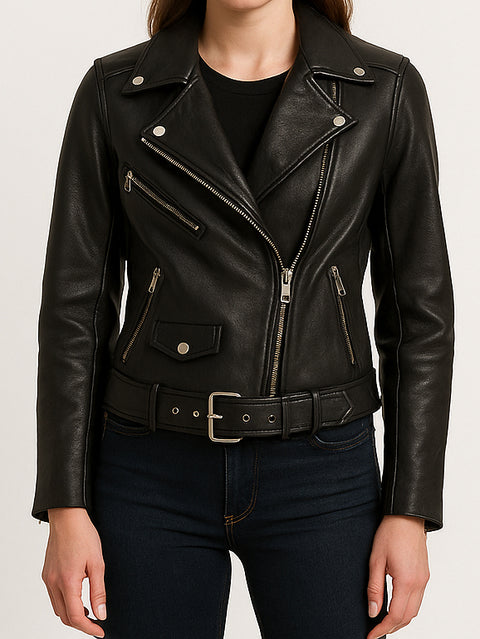 Women Embroidered Floral Black Biker Leather Jacket