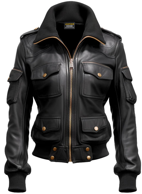 Women Black Biker Bomber Leather Jacket - Leatheroxide