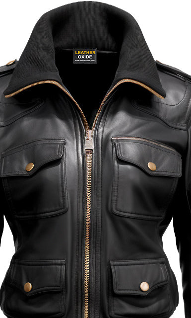 Women Black Biker Bomber Leather Jacket - Leatheroxide