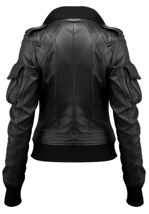 Women Black Biker Bomber Leather Jacket - Leatheroxide