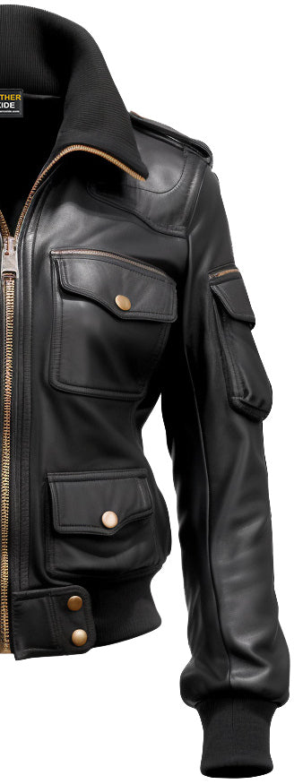 Women Black Biker Bomber Leather Jacket - Leatheroxide