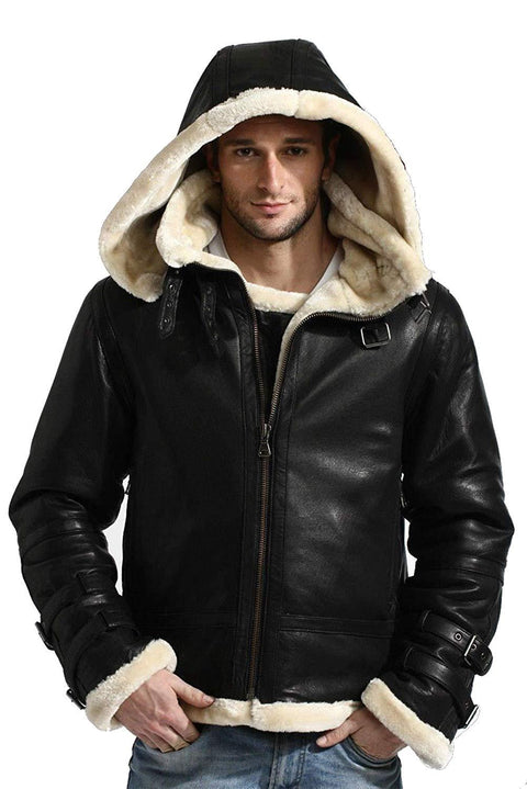 B3 Bomber Hooded Leather Jacket - Black Leatheroxide