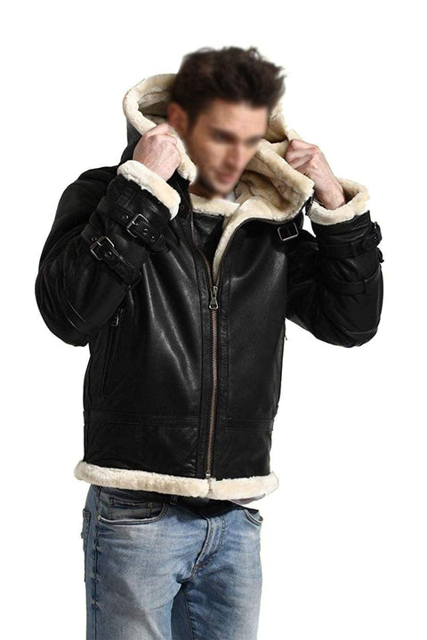 B3 Bomber Hooded Leather Jacket - Black Leatheroxide