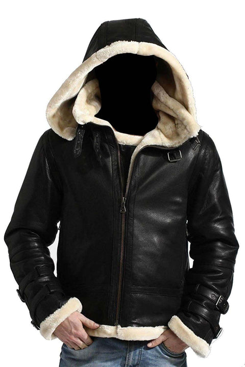 B3 Bomber Hooded Leather Jacket - Black Leatheroxide