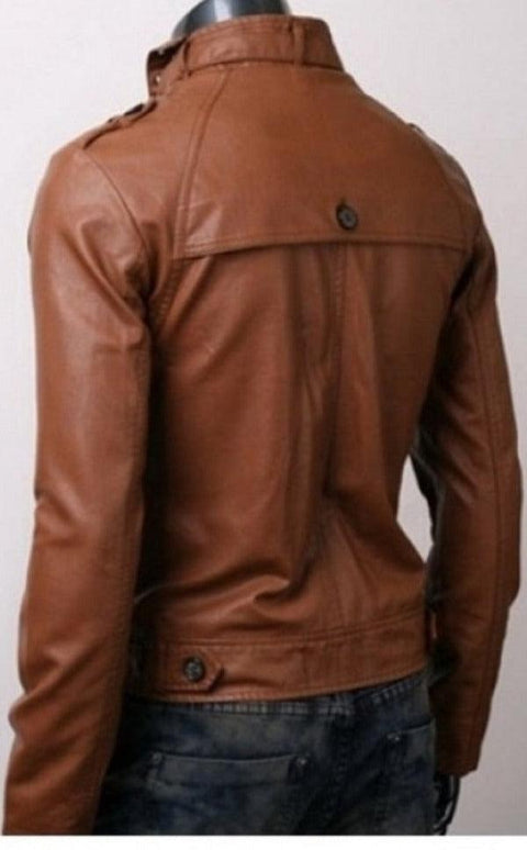 Button Pocket Slim Fit Rider Brown Leather Jacket Leatheroxide