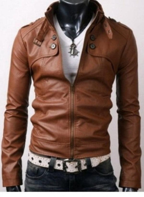 Button Pocket Slim Fit Rider Brown Leather Jacket Leatheroxide