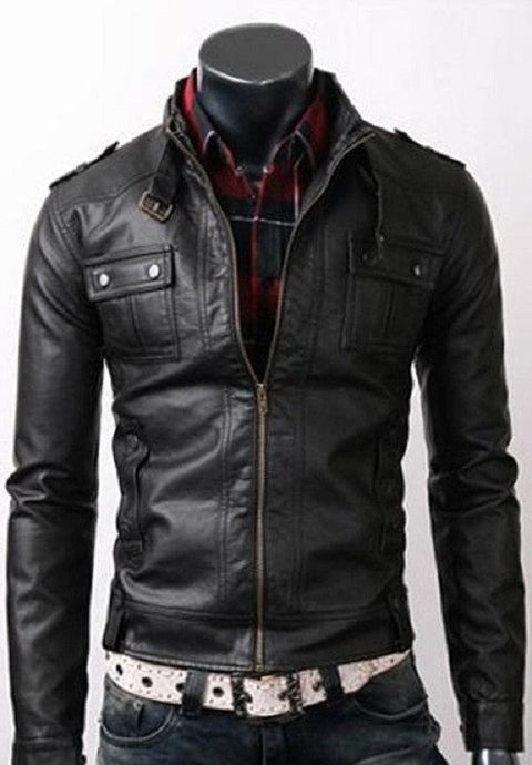 Men Black Strap Pocket Biker Leather Jacket Leatheroxide
